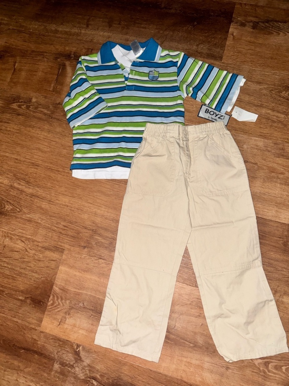Boyz Wear by Nannette Boys 3 Piece Striped Polo Tee Khaki Pants Outfit Set 5 Tan